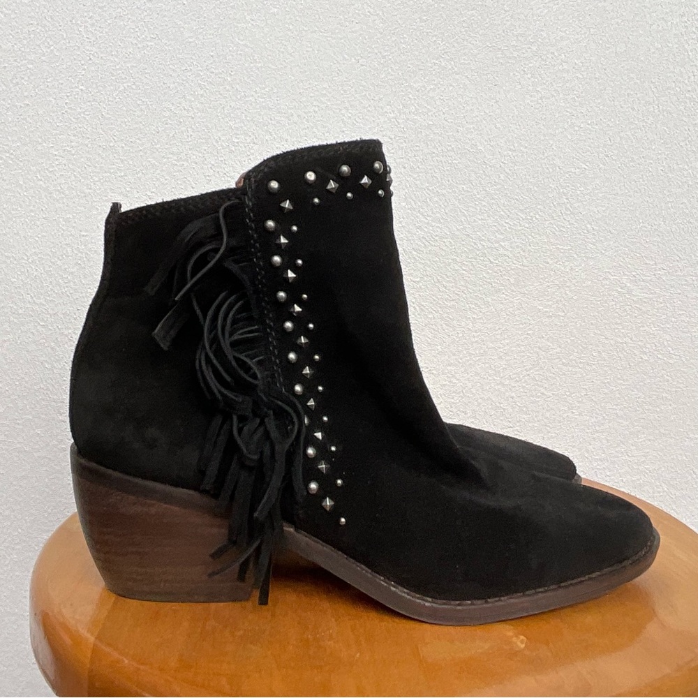 Lucky Brand Black Leather Suede Studded Fringe Western Bootie Size 7 Fall Winter